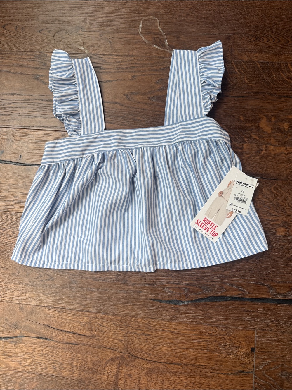 NWT Celebrity Pink Blue and White Striped Ruffle Sleeve Crop Top